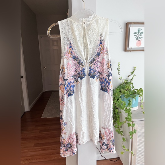 FREE PEOPLE Marsha Printed Lace Neck Mini Dress In Ivory - Picture 6 of 9